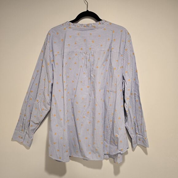 Talbots Size 3X Ruffle Band Collar Poplin Button Down Stripe Gold Heart Cotton - Picture 8 of 10